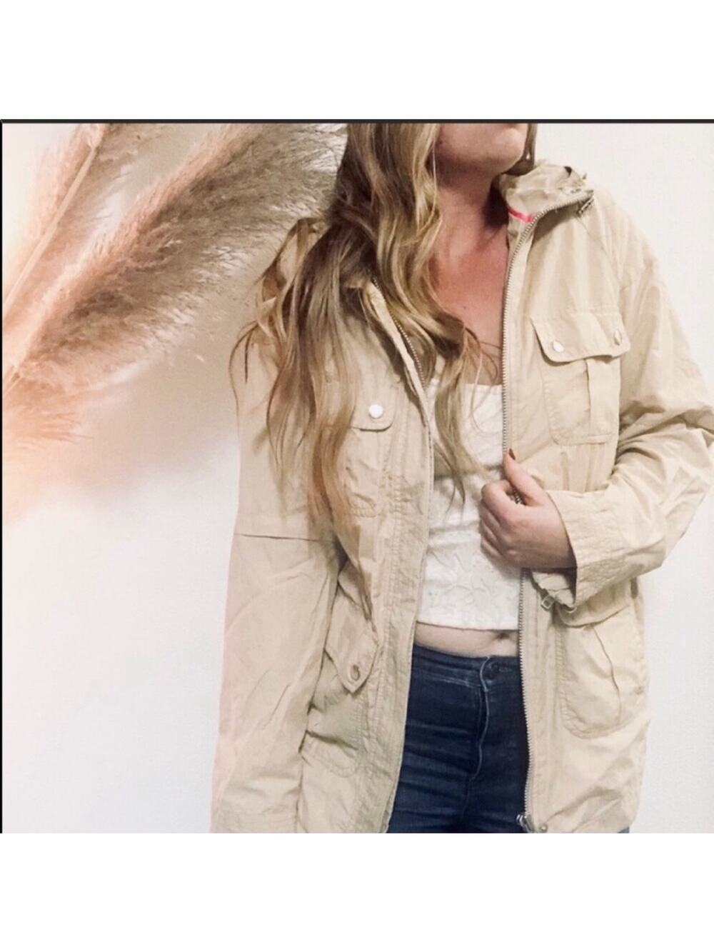 Anthropologie SANCTUARY Khaki Cream Tan Quilted Anorak Hood Zip Jacket Coat S